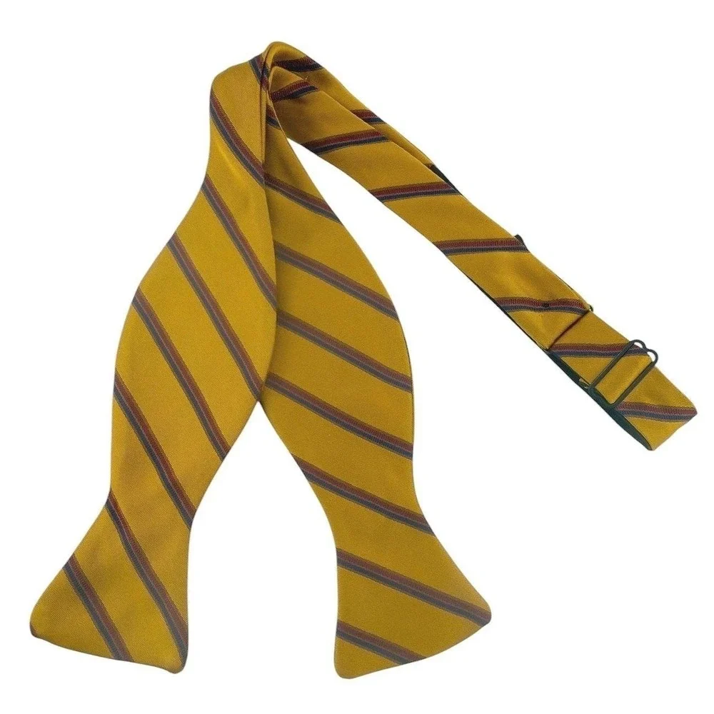 J Hanamer Silk Self Tie Bow Tie Gold‎ Navy Burgundy Repp Stripe USA Handmade Ivy
